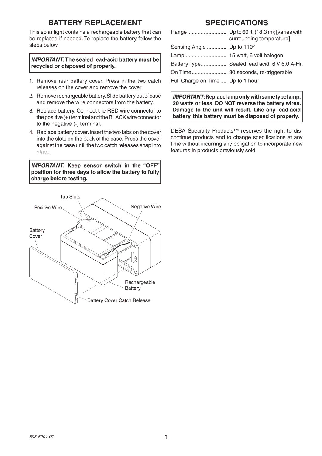 Heath Zenith SL-7001 manual Battery Replacement, Specifications 