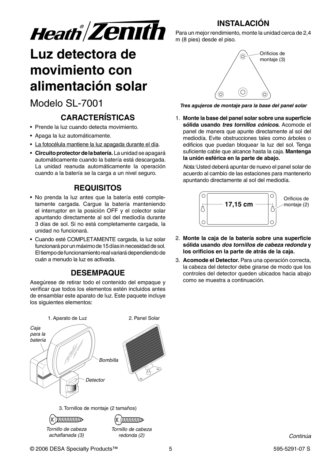 Heath Zenith manual Modelo SL-7001, Instalación, Características, Requisitos, Desempaque 