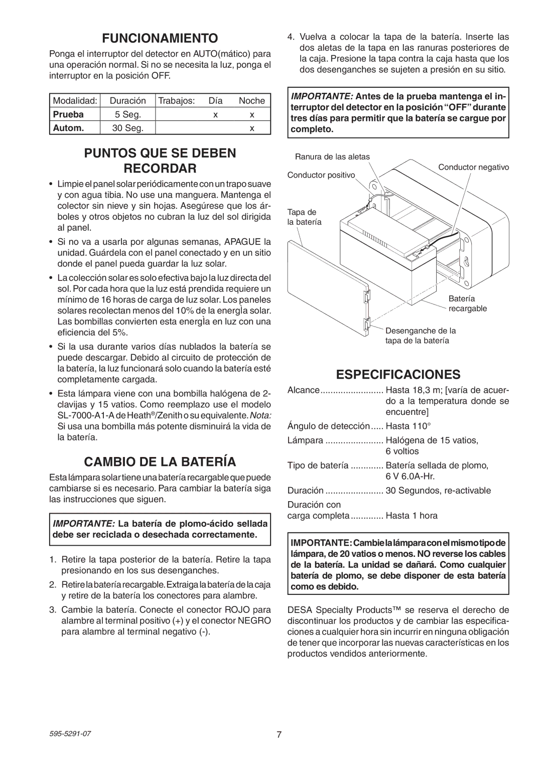 Heath Zenith SL-7001 manual Funcionamiento, Puntos QUE SE Deben Recordar, Cambio DE LA Batería, Especificaciones 