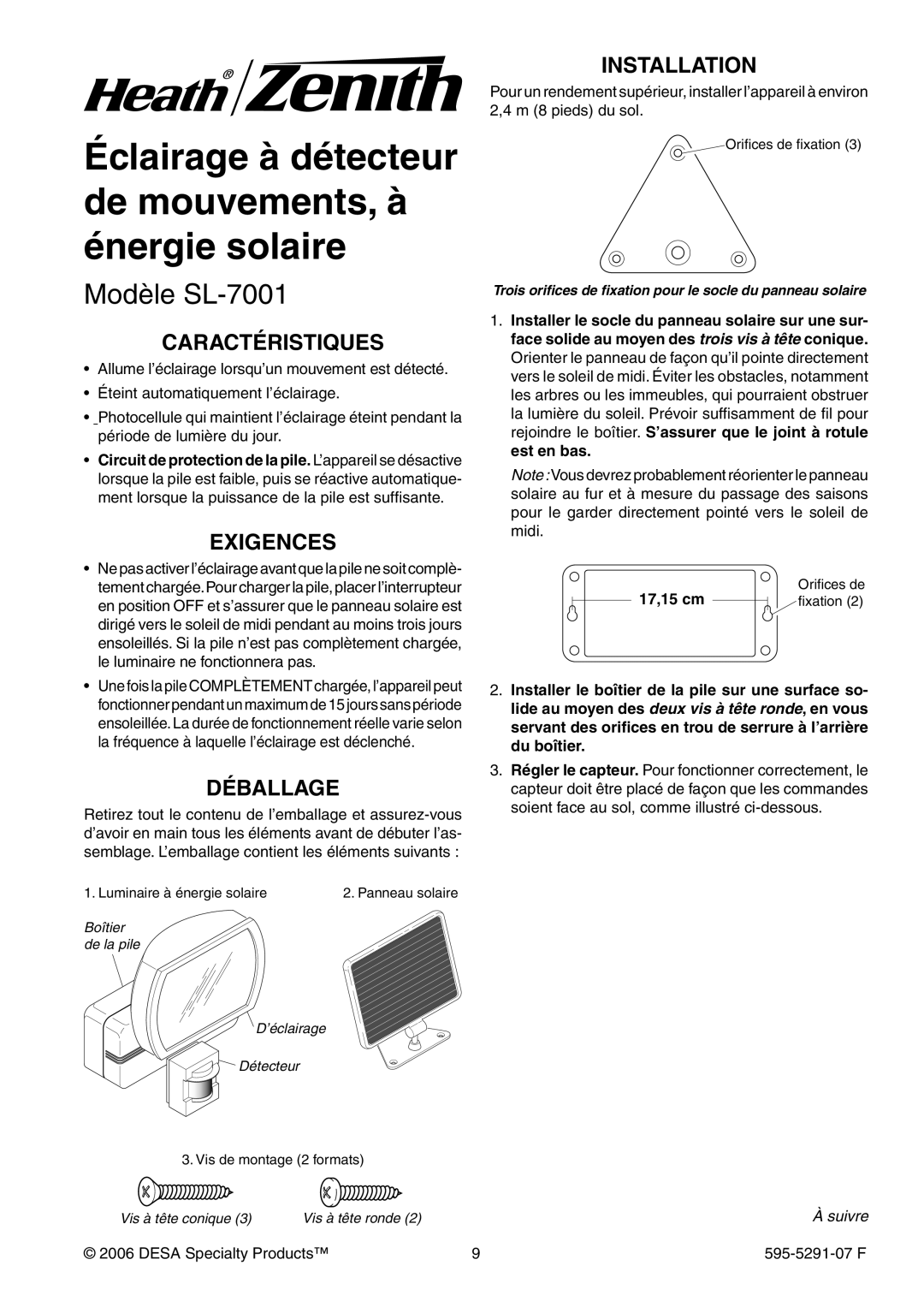 Heath Zenith manual Modèle SL-7001, Caractéristiques, Exigences, Déballage, Desa Specialty Products 595-5291-07 F 