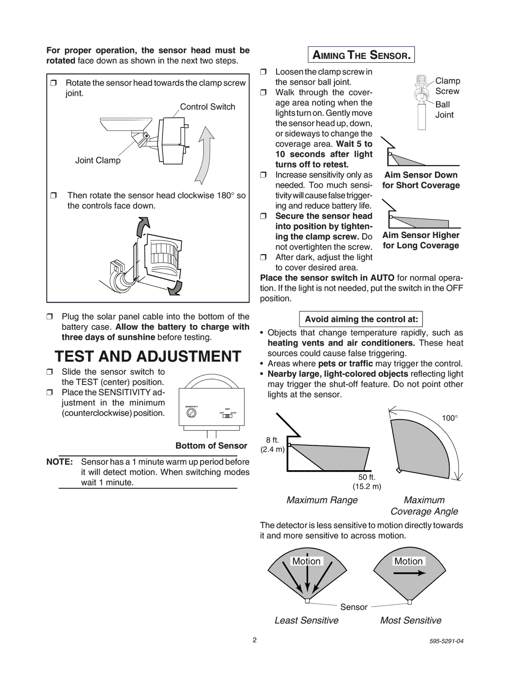 Heath Zenith SL-7001 manual Test and Adjustment, Maximum Range, Coverage Angle, Least Sensitive 