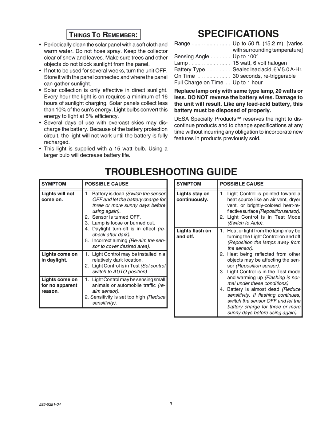 Heath Zenith SL-7001 manual Specifications, Troubleshooting Guide, Things to Remember, Symptom Possible Cause 