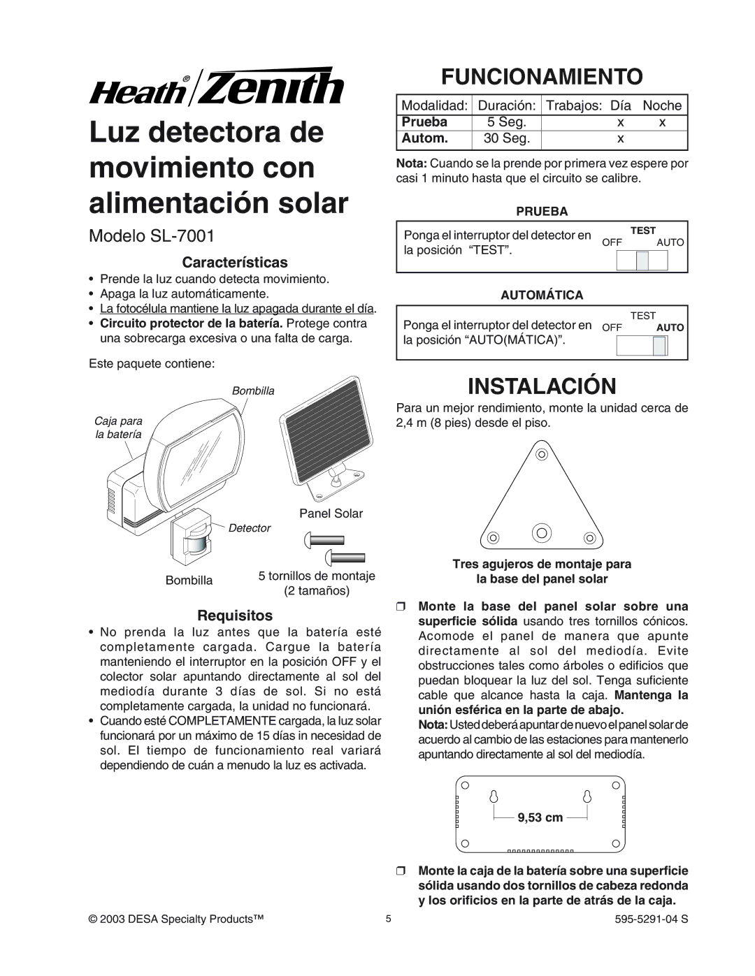 Heath Zenith manual Luz detectora de movimiento con alimentación solar, Funcionamiento, Instalación, Modelo SL-7001 