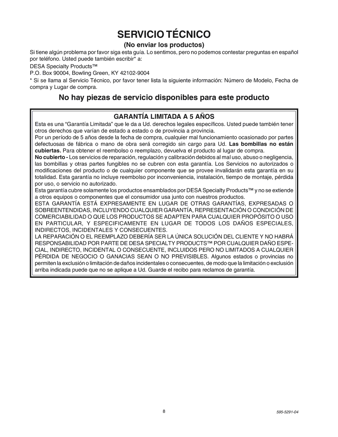 Heath Zenith SL-7001 manual Servicio Técnico, No enviar los productos, Garantía Limitada a 5 Años 