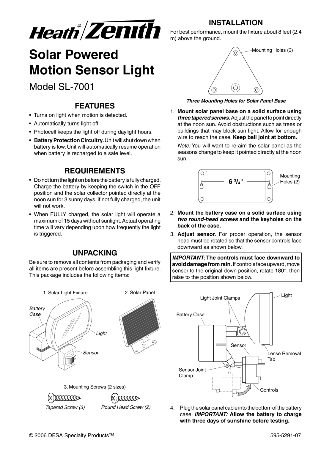 Heath Zenith manual Solar Powered Motion Sensor Light, Model SL-7001, Features, Requirements, Unpacking, Installation 