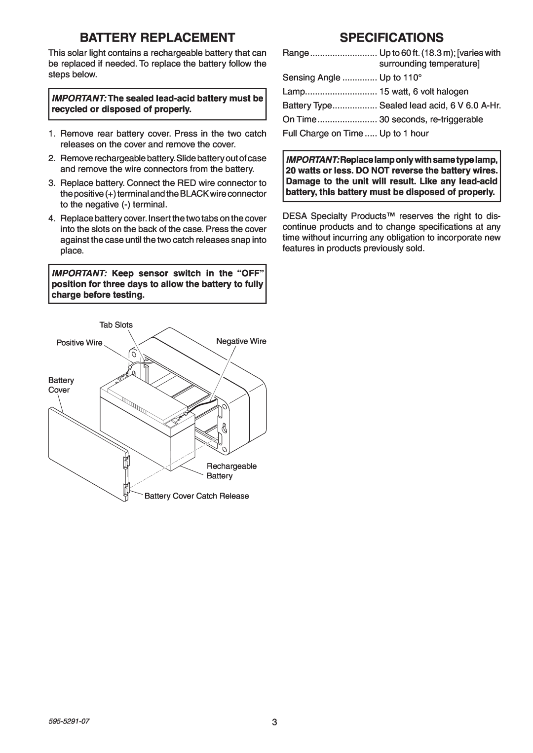 Heath Zenith SL-7001 manual Battery Replacement, Specifications 
