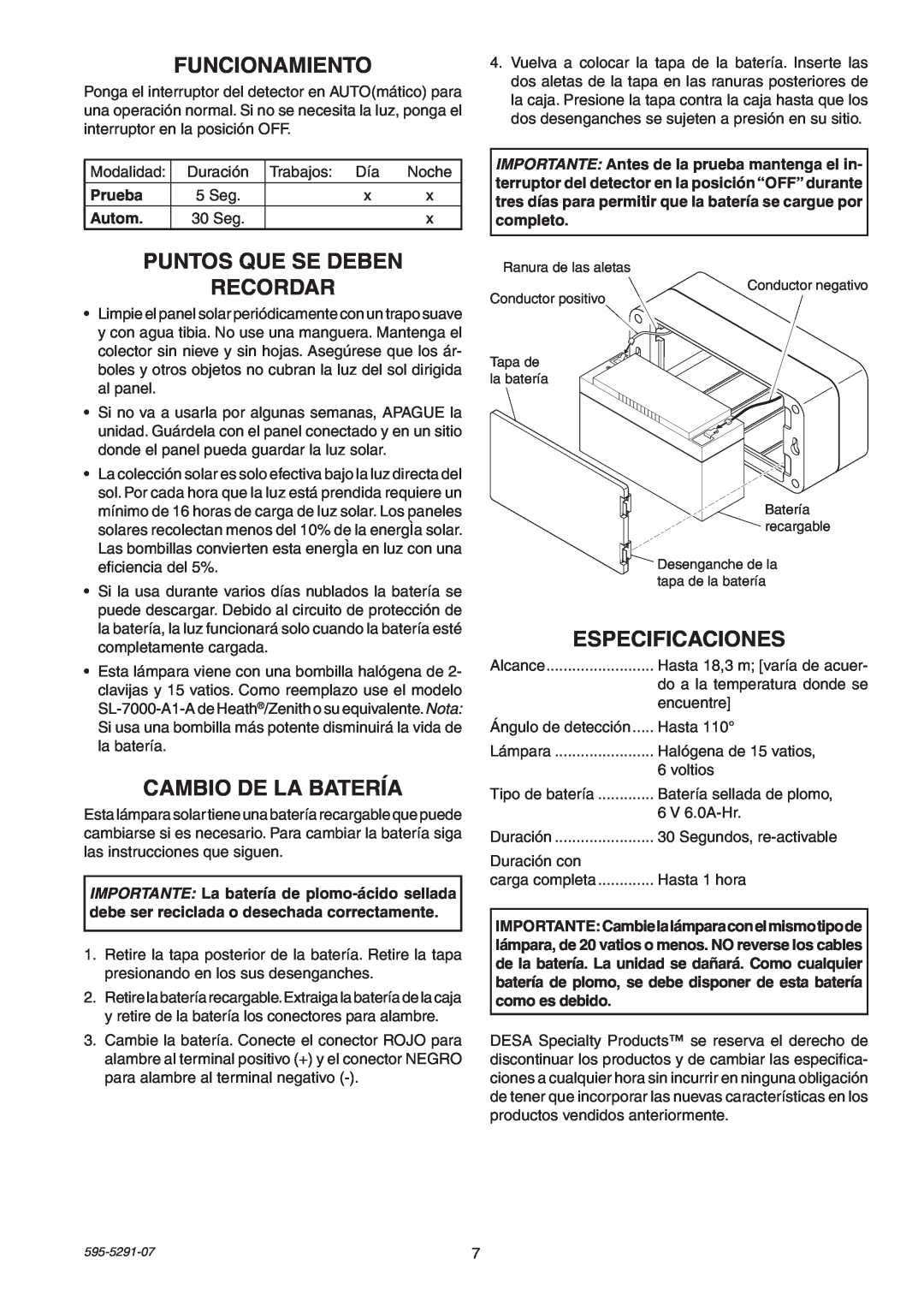 Heath Zenith SL-7001 manual Funcionamiento, Puntos Que Se Deben Recordar, Cambio De La Batería, Especificaciones 