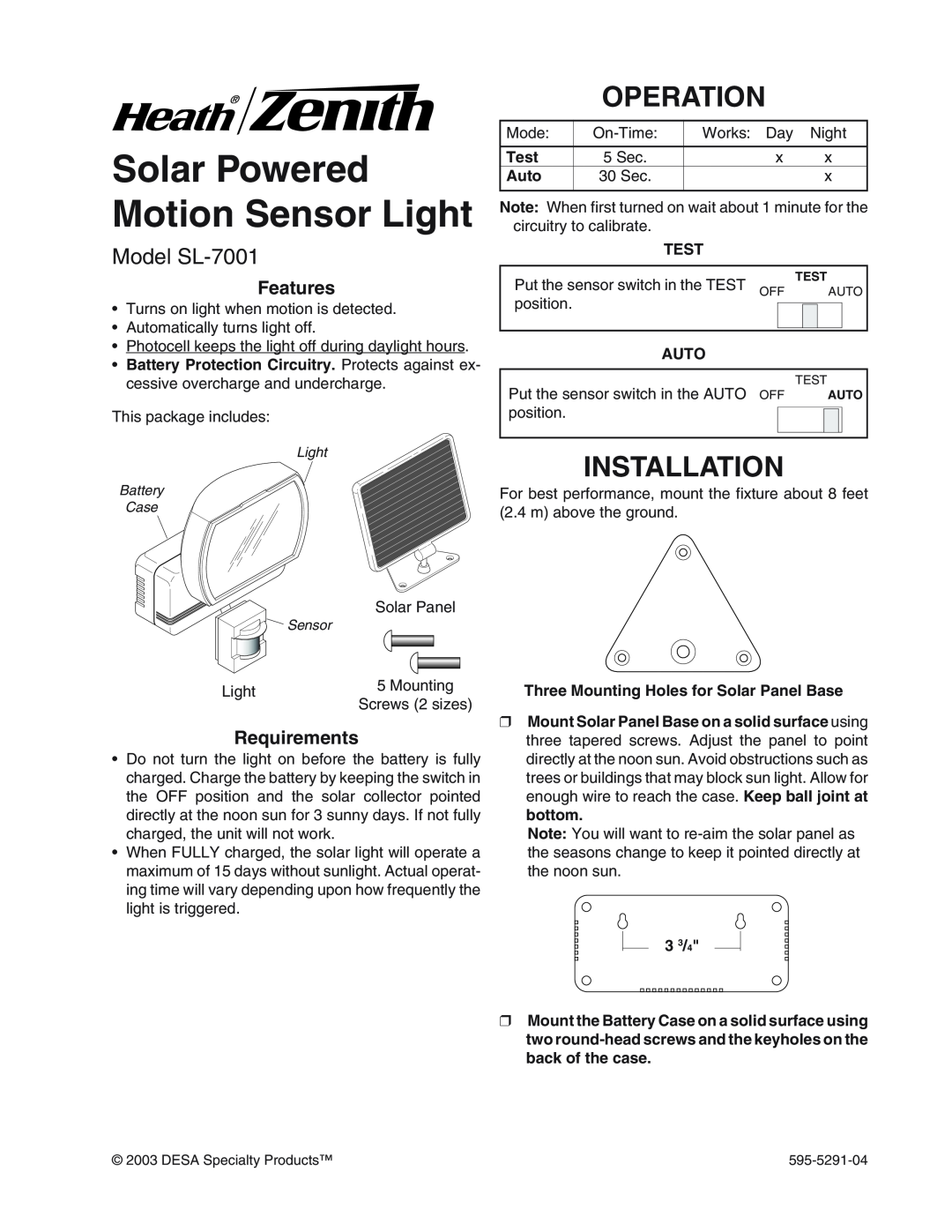 Heath Zenith manual Solar Powered Motion Sensor Light, Operation, Installation, Model SL-7001, Features, Requirements 