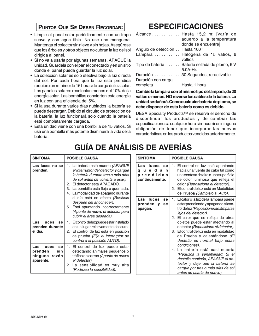 Heath Zenith SL-7001 manual Especificaciones, Guía De Análisis De Averías, Puntos Que Se Deben Recordar 