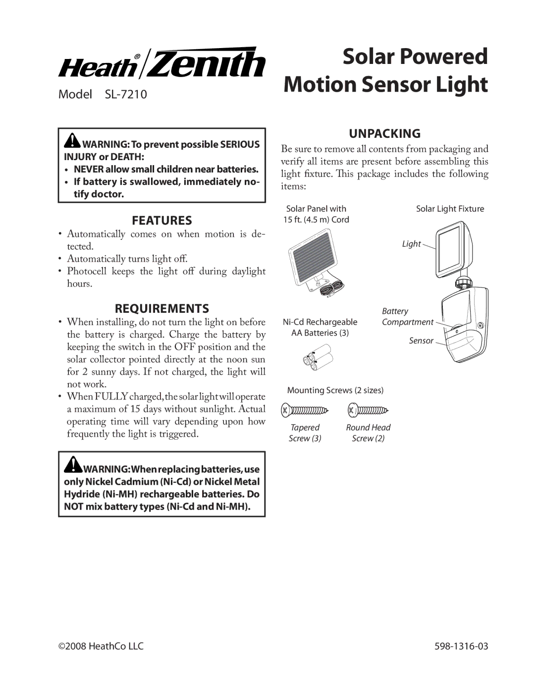 Heath Zenith SL-7210 manual Features, Requirements, Unpacking 