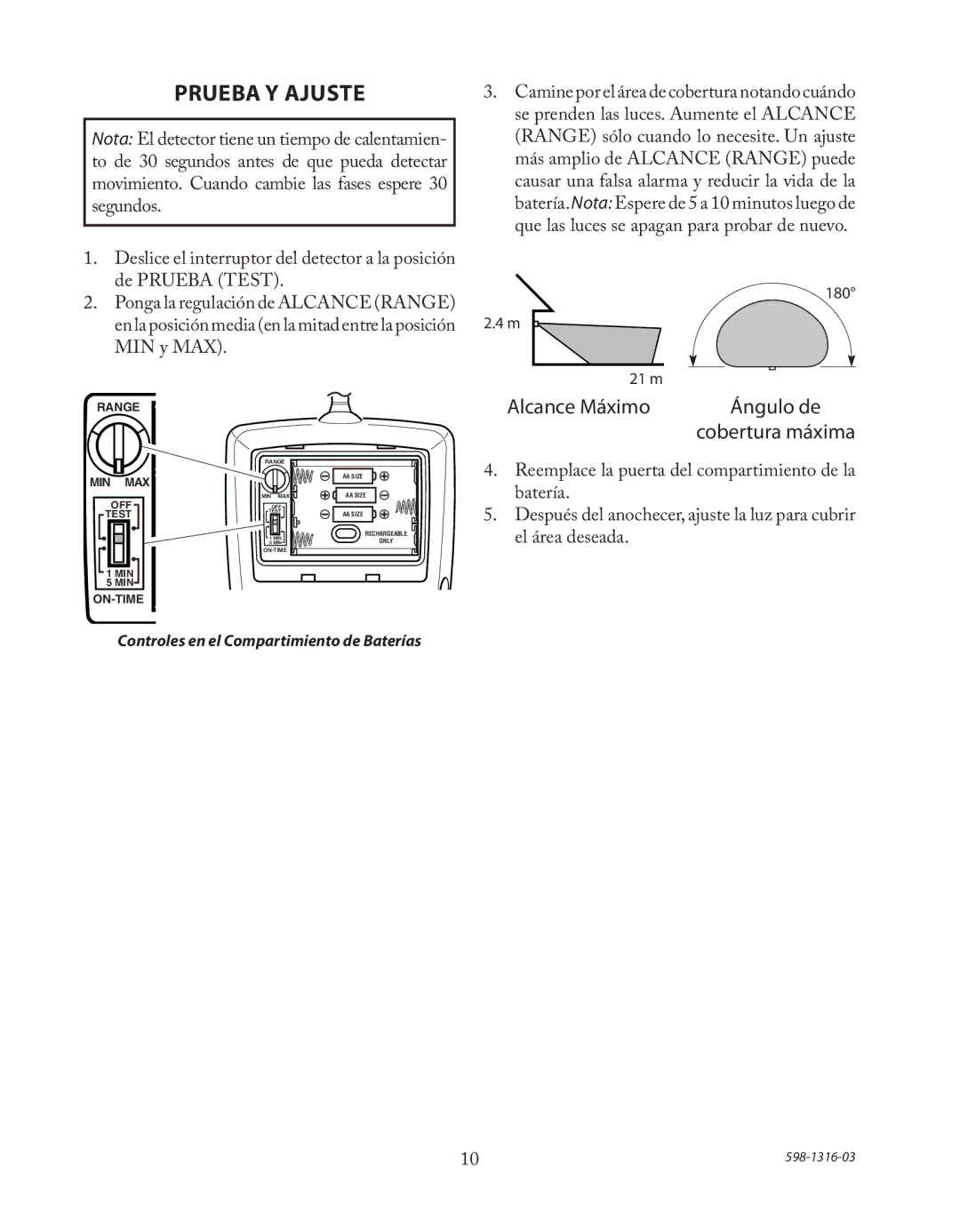 Heath Zenith SL-7210 manual Prueba Y Ajuste, 180 