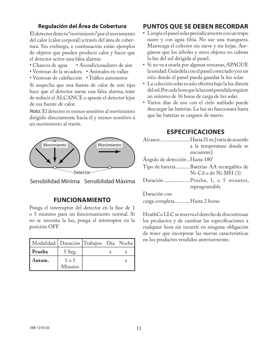 Heath Zenith SL-7210 Funcionamiento, Puntos Que Se Deben Recordar, Especificaciones, Regulación del Área de Cobertura 