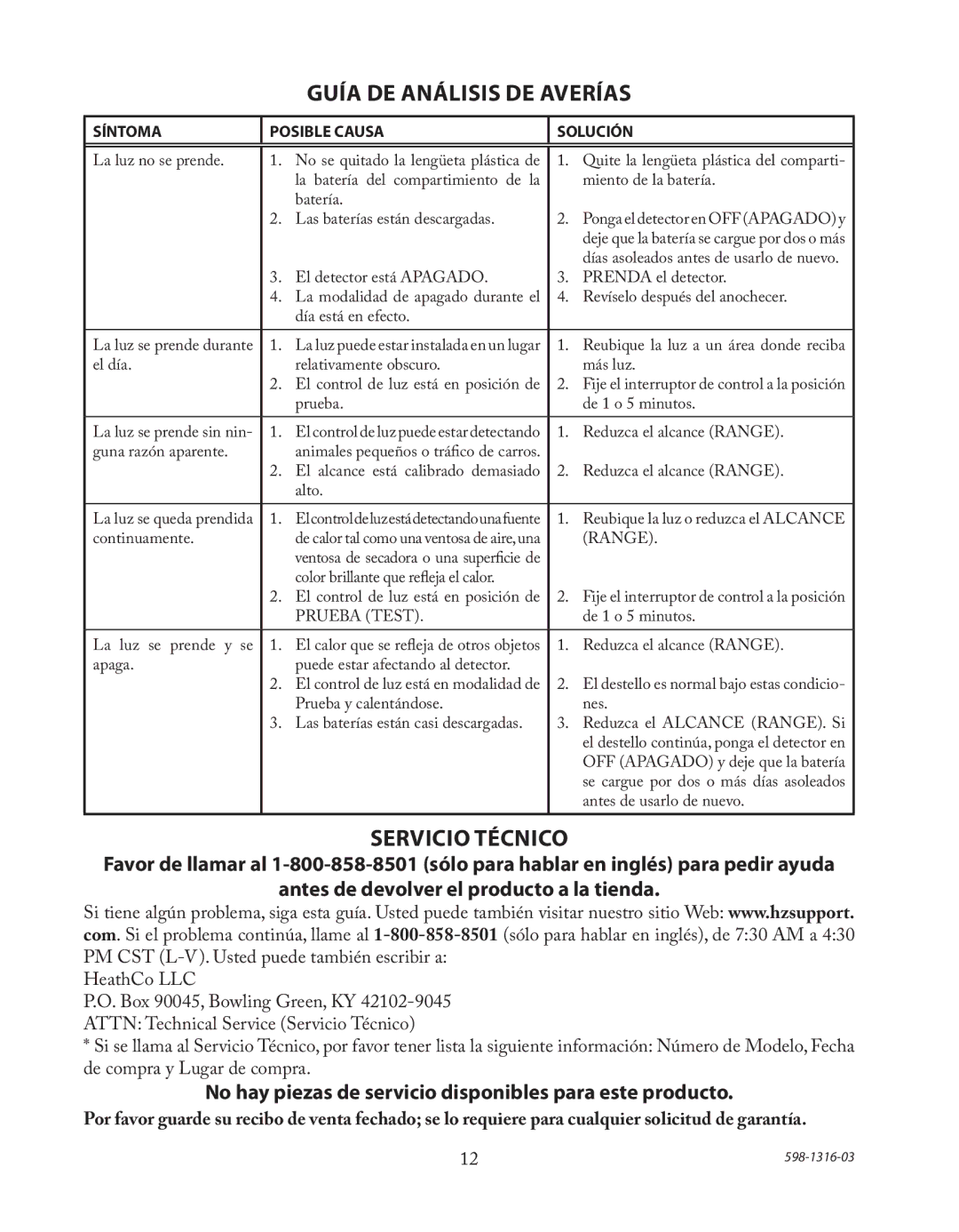 Heath Zenith SL-7210 manual Guía DE Análisis DE Averías, Servicio Técnico 