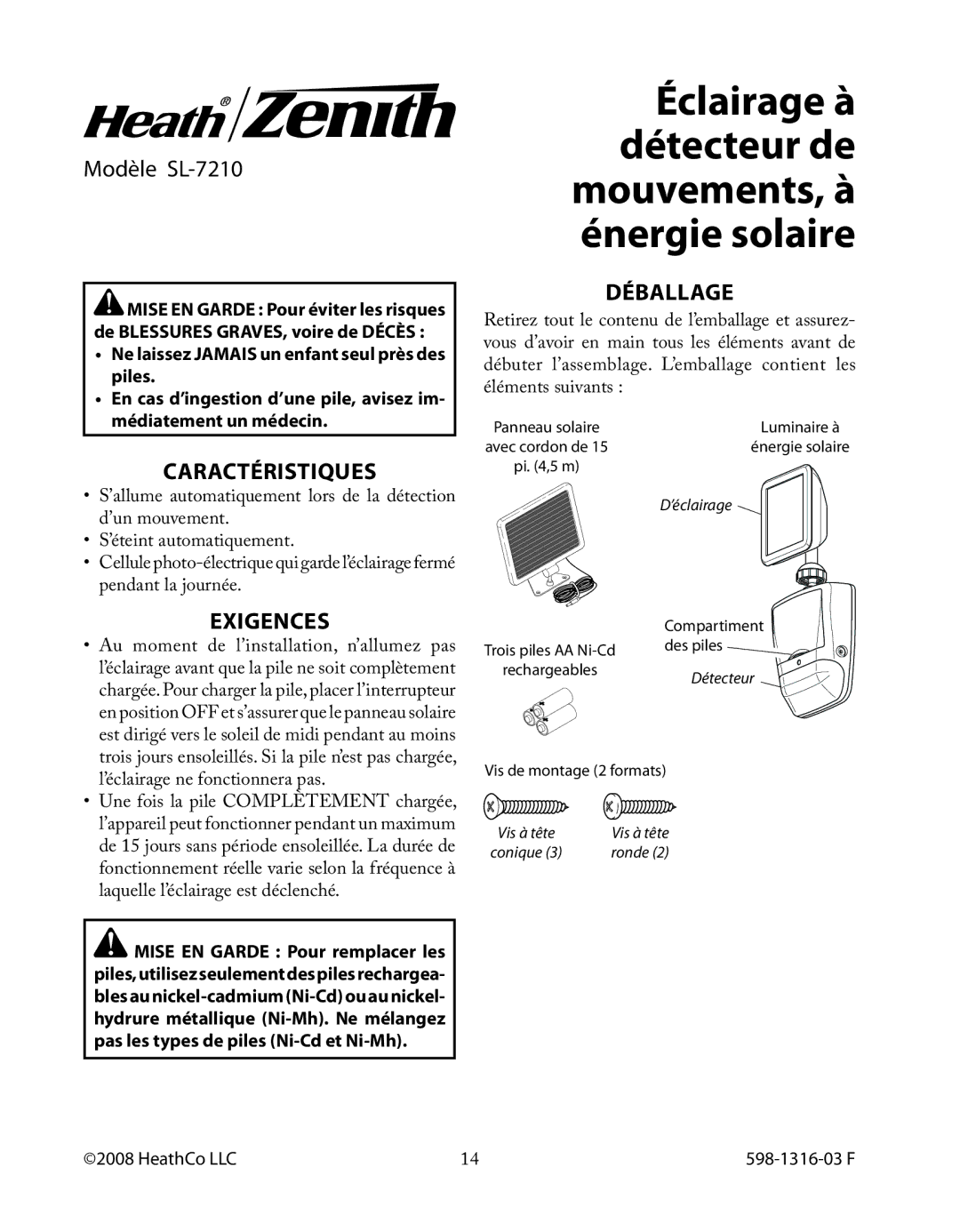 Heath Zenith SL-7210 manual Caractéristiques, Exigences, Déballage 