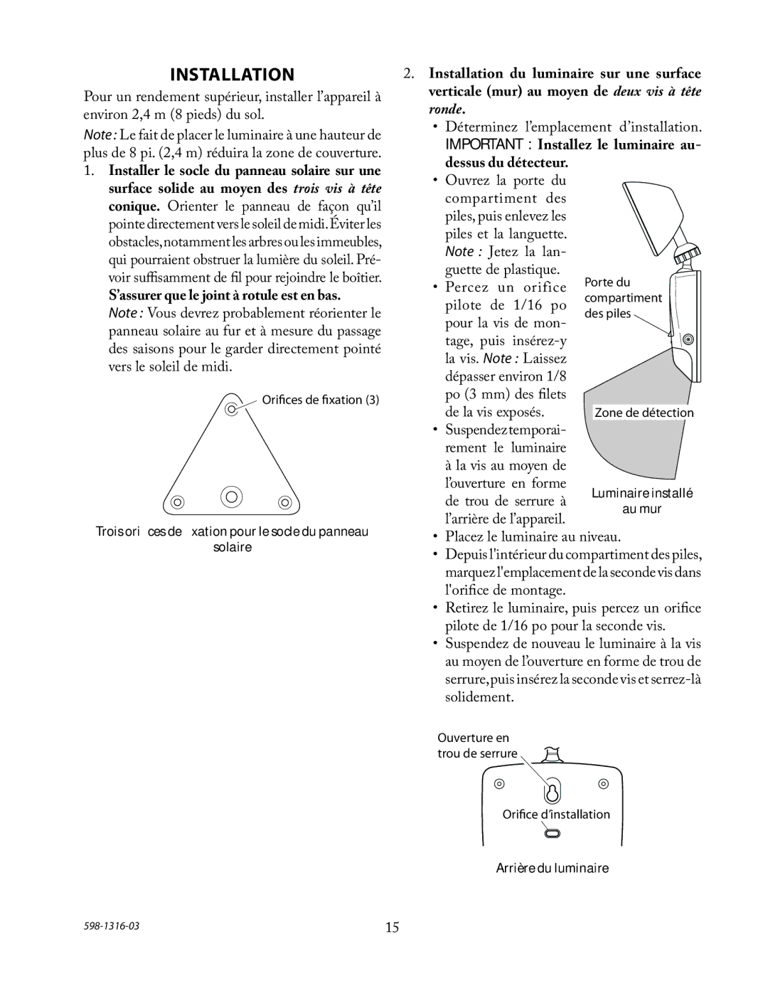 Heath Zenith SL-7210 manual Environ 2,4 m 8 pieds du sol, Ouvrez la porte du, Piles et la languette, Guette de plastique 