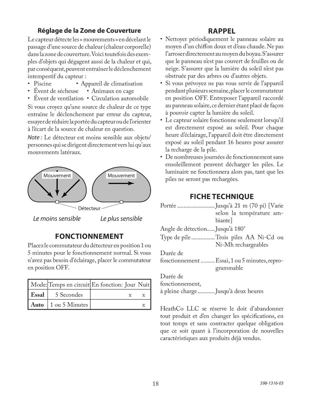 Heath Zenith SL-7210 manual Fonctionnement, Rappel, Fiche Technique, Réglage de la Zone de Couverture 