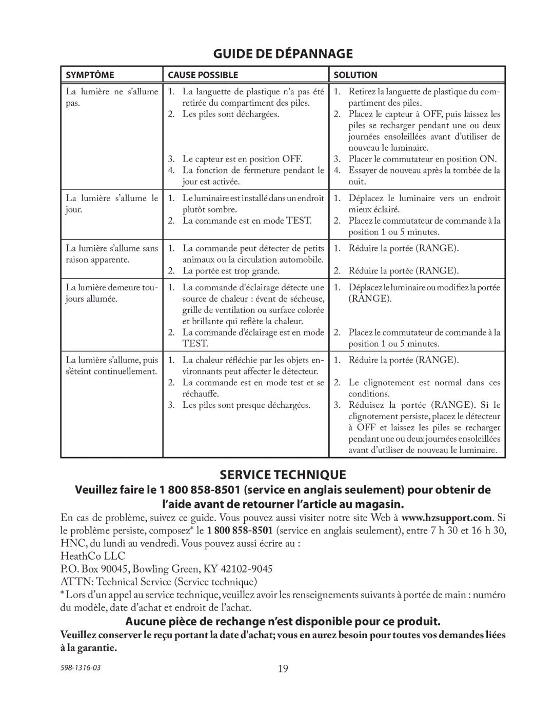 Heath Zenith SL-7210 Guide DE Dépannage, Service Technique, Aucune pièce de rechange n’est disponible pour ce produit 