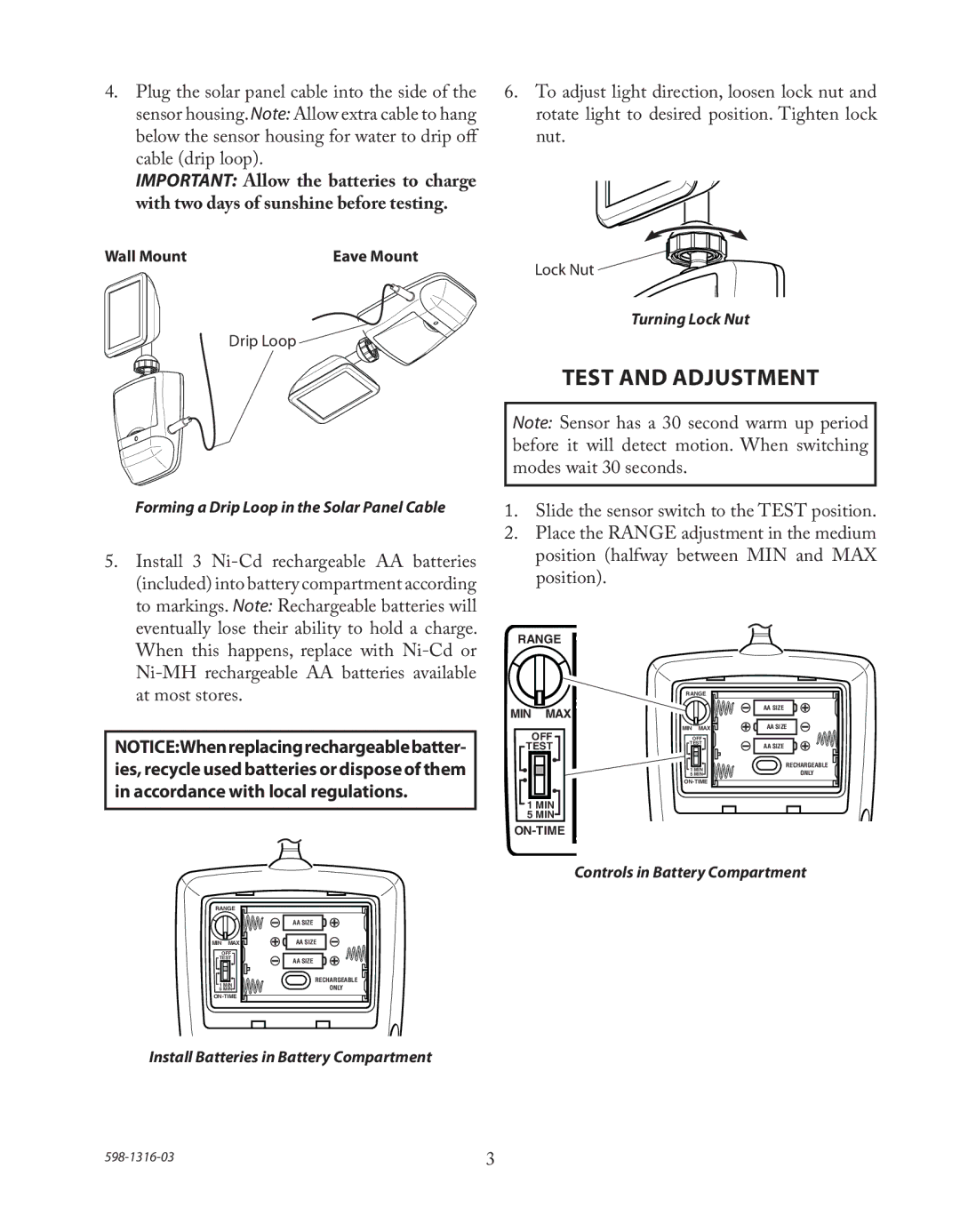 Heath Zenith SL-7210 manual Test and Adjustment, Install 3 Ni-Cd rechargeable AA batteries, At most stores 