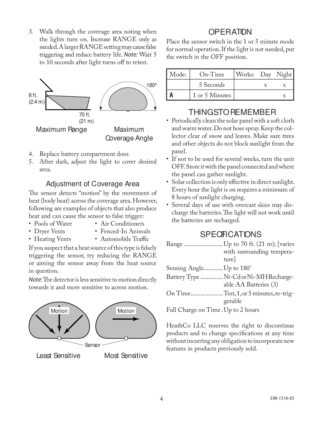 Heath Zenith SL-7210 manual Operation, Things To Remember, Specifications, Adjustment of Coverage Area 