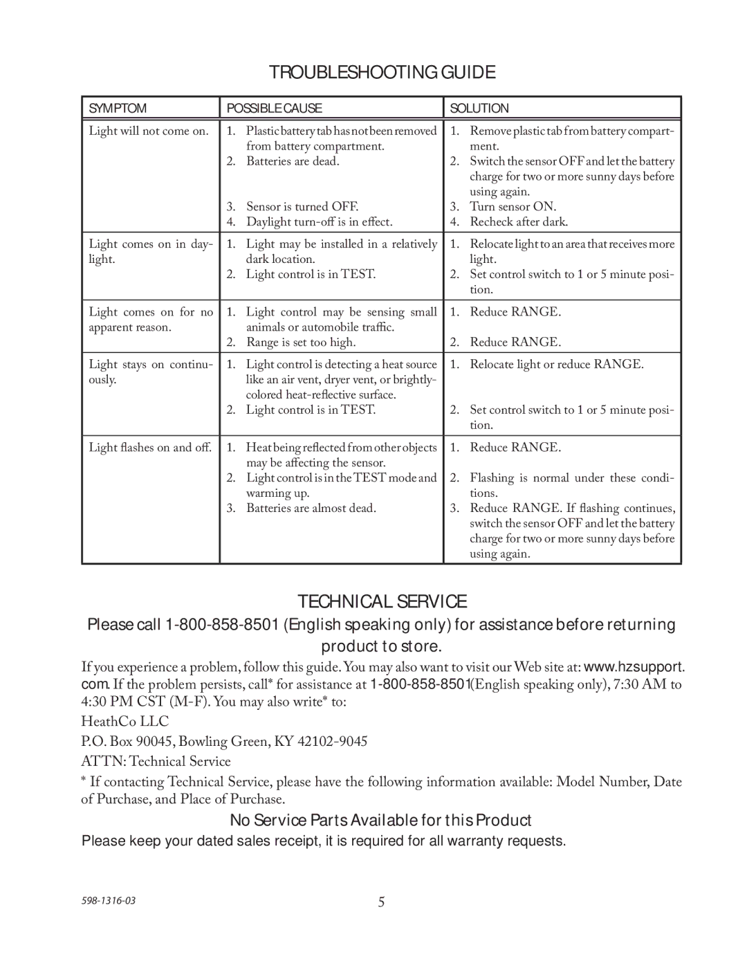 Heath Zenith SL-7210 manual Troubleshooting Guide, Technical Service, No Service Parts Available for this Product 