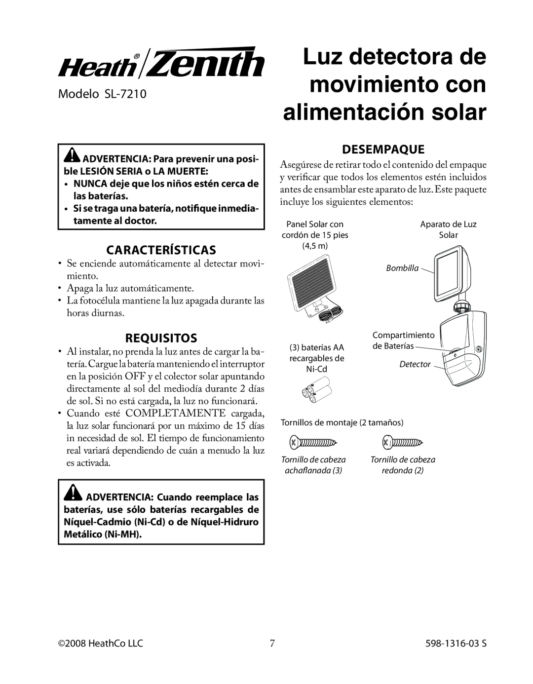 Heath Zenith SL-7210 manual Características, Requisitos, Desempaque 