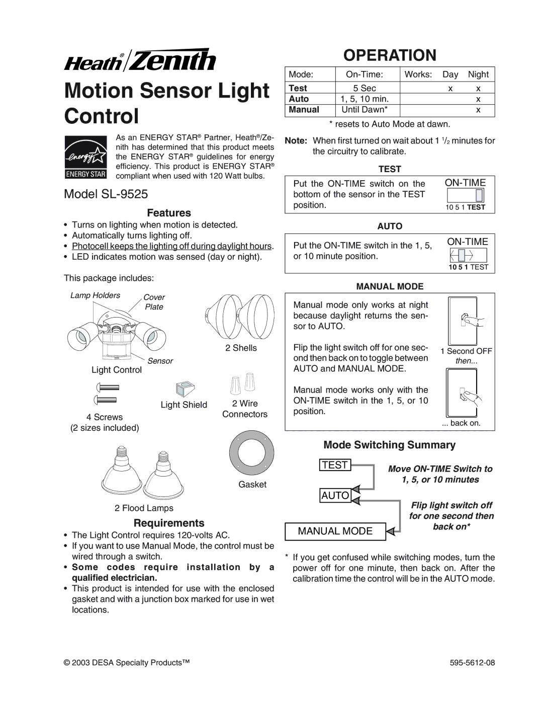 Heath Zenith manual Operation, Model SL-9525, Features, Requirements, Mode Switching Summary 