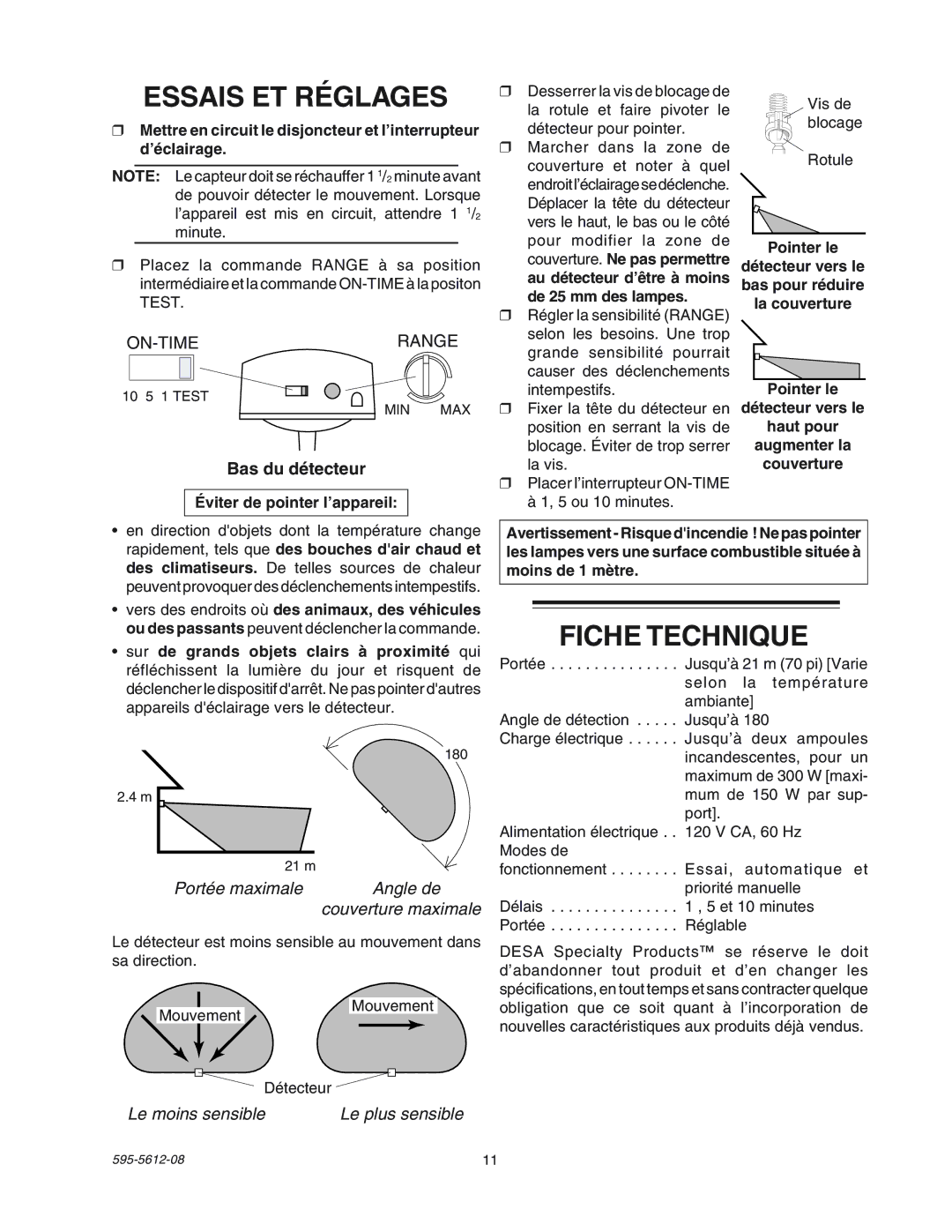 Heath Zenith SL-9525 Essais ET RƒGLAGES, Fiche Technique, Portée maximale Angle de, Le moins sensible Le plus sensible 