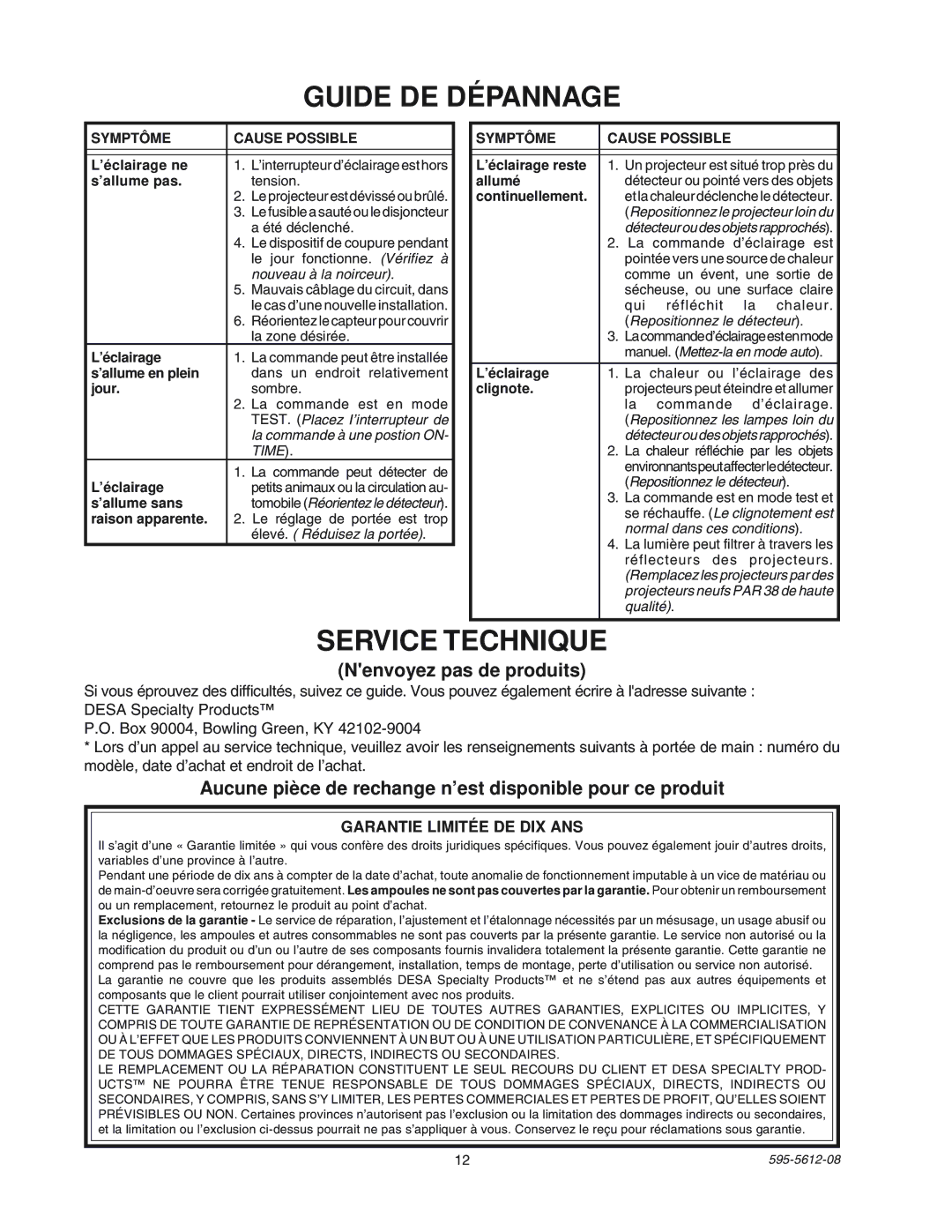 Heath Zenith SL-9525 manual Guide DE DƒPANNAGE, Service Technique, Nenvoyez pas de produits, Garantie LIMITƒE DE DIX ANS 