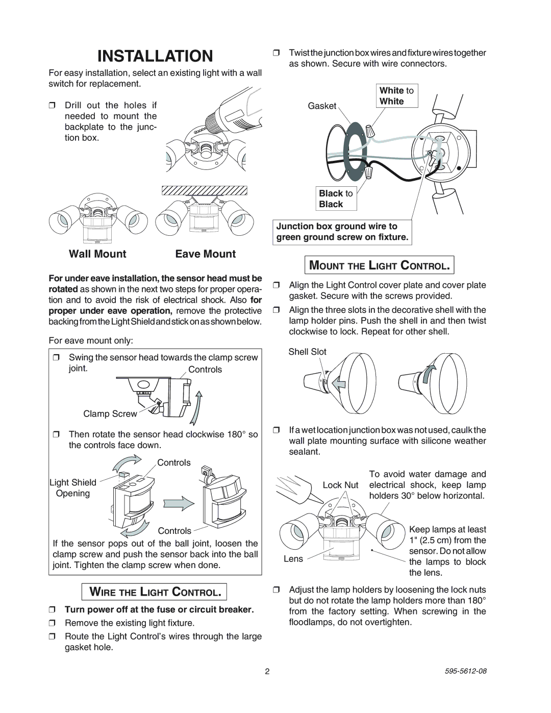 Heath Zenith SL-9525 manual Installation, Wall Mount Eave Mount, Wire the Light Control, Mount the Light Control 