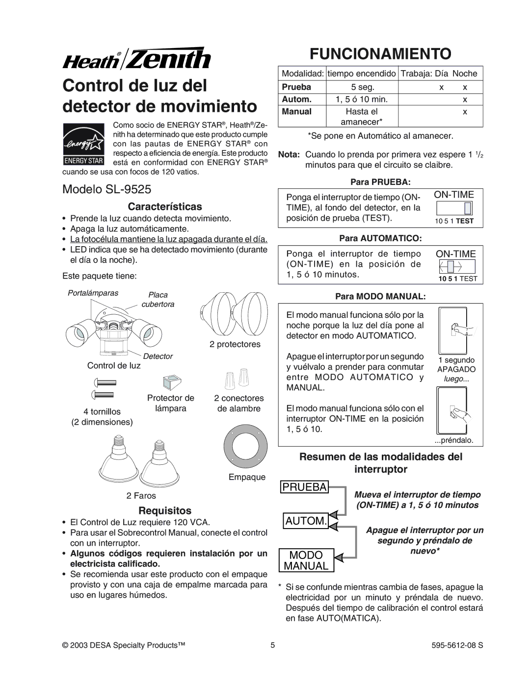 Heath Zenith manual Funcionamiento, Modelo SL-9525 