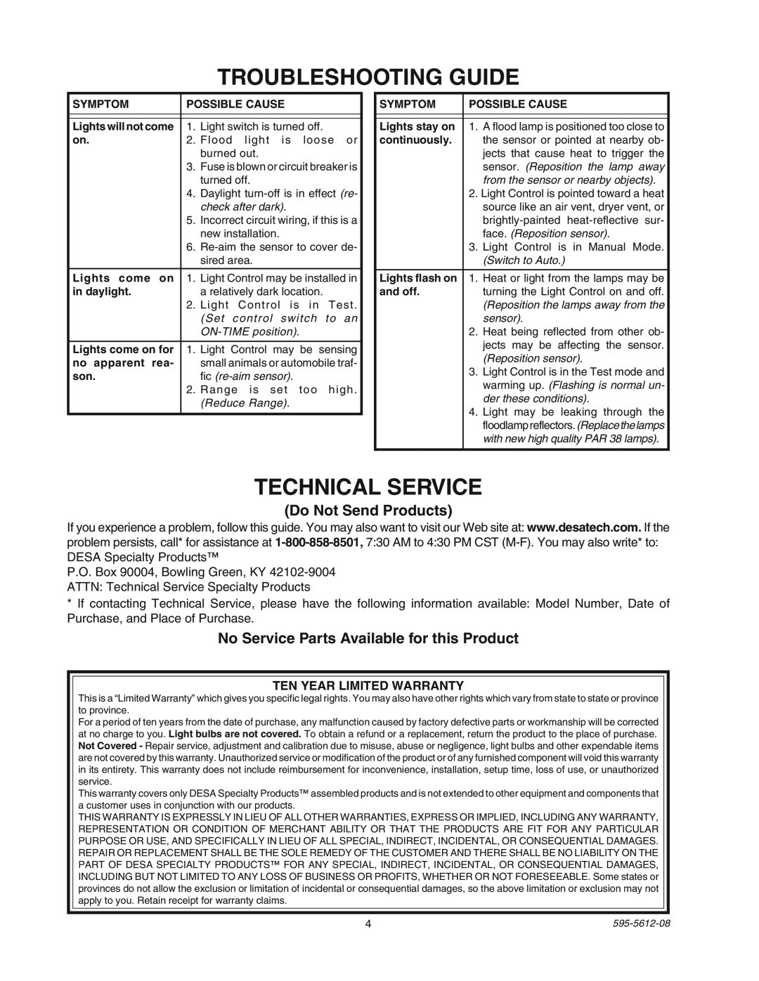 Heath Zenith SL-9525 manual Troubleshooting Guide, Technical Service, Do Not Send Products, Ten Year Limited Warranty 