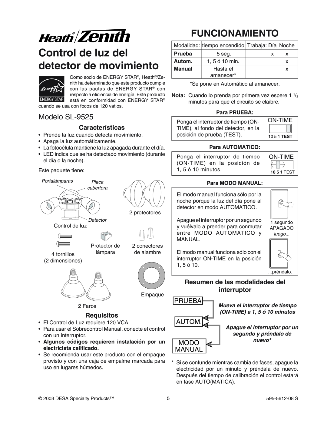 Heath Zenith Control de luz del detector de movimiento, Funcionamiento, Modelo SL-9525, Caracter’sticas, Requisitos 