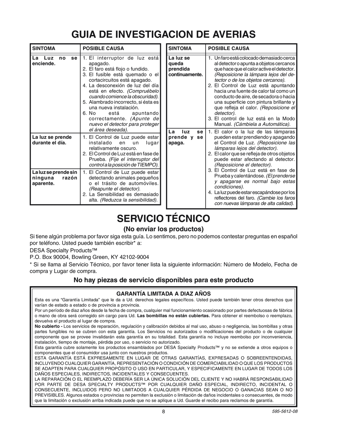 Heath Zenith SL-9525 manual Guia De Investigacion De Averias, SERVICIO TƒCNICO, No enviar los productos 