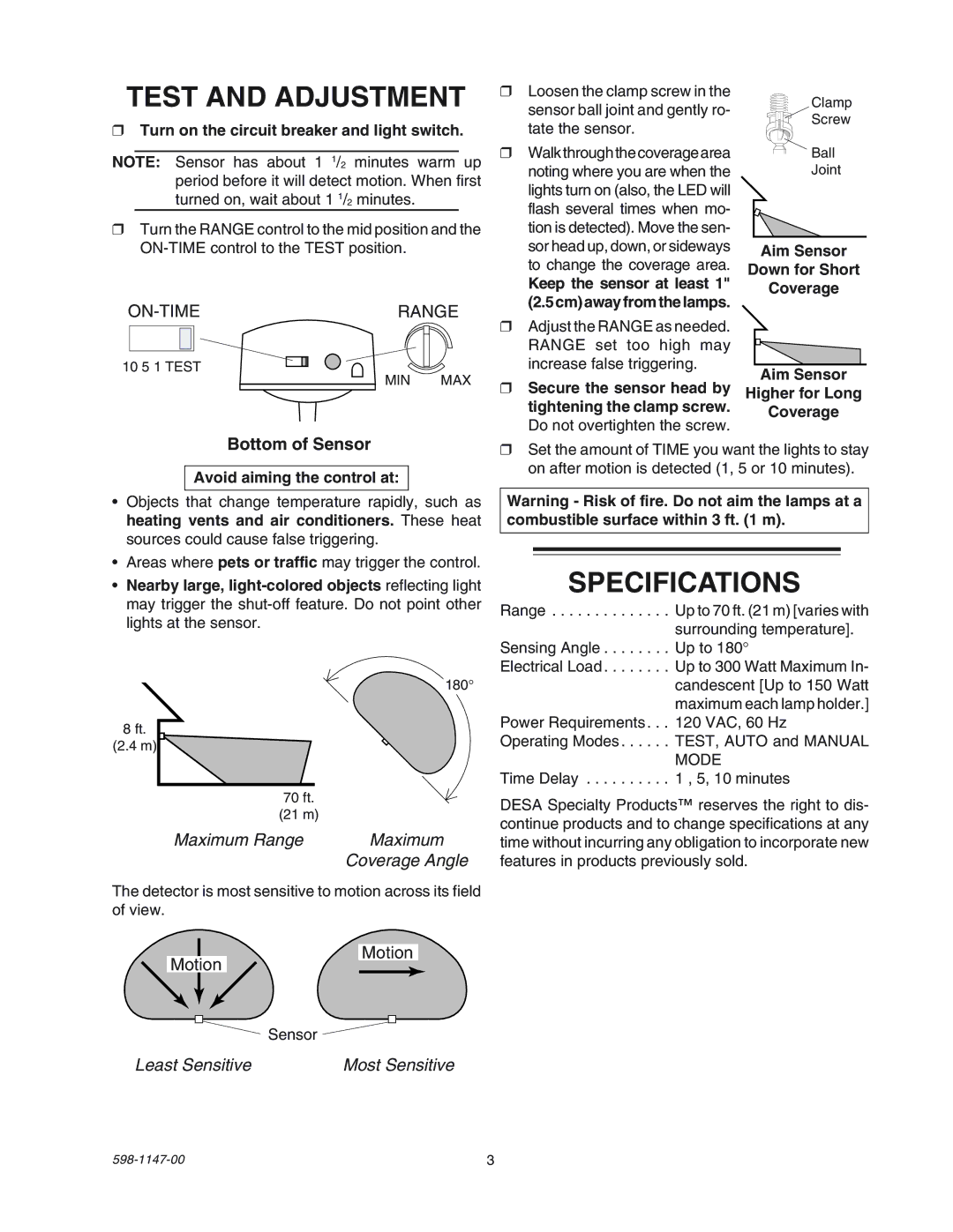 Heath Zenith SL-9526 manual Test and Adjustment, Specifications, Turn on the circuit breaker and light switch 