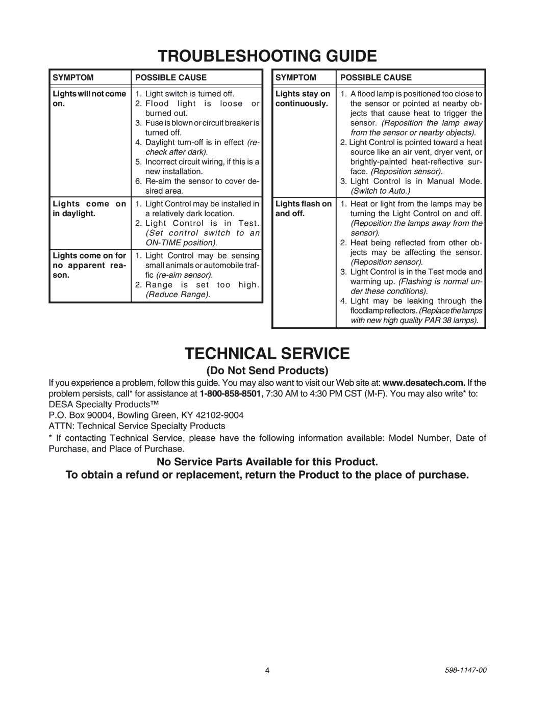 Heath Zenith SL-9526 manual Troubleshooting Guide, Technical Service, Do Not Send Products 