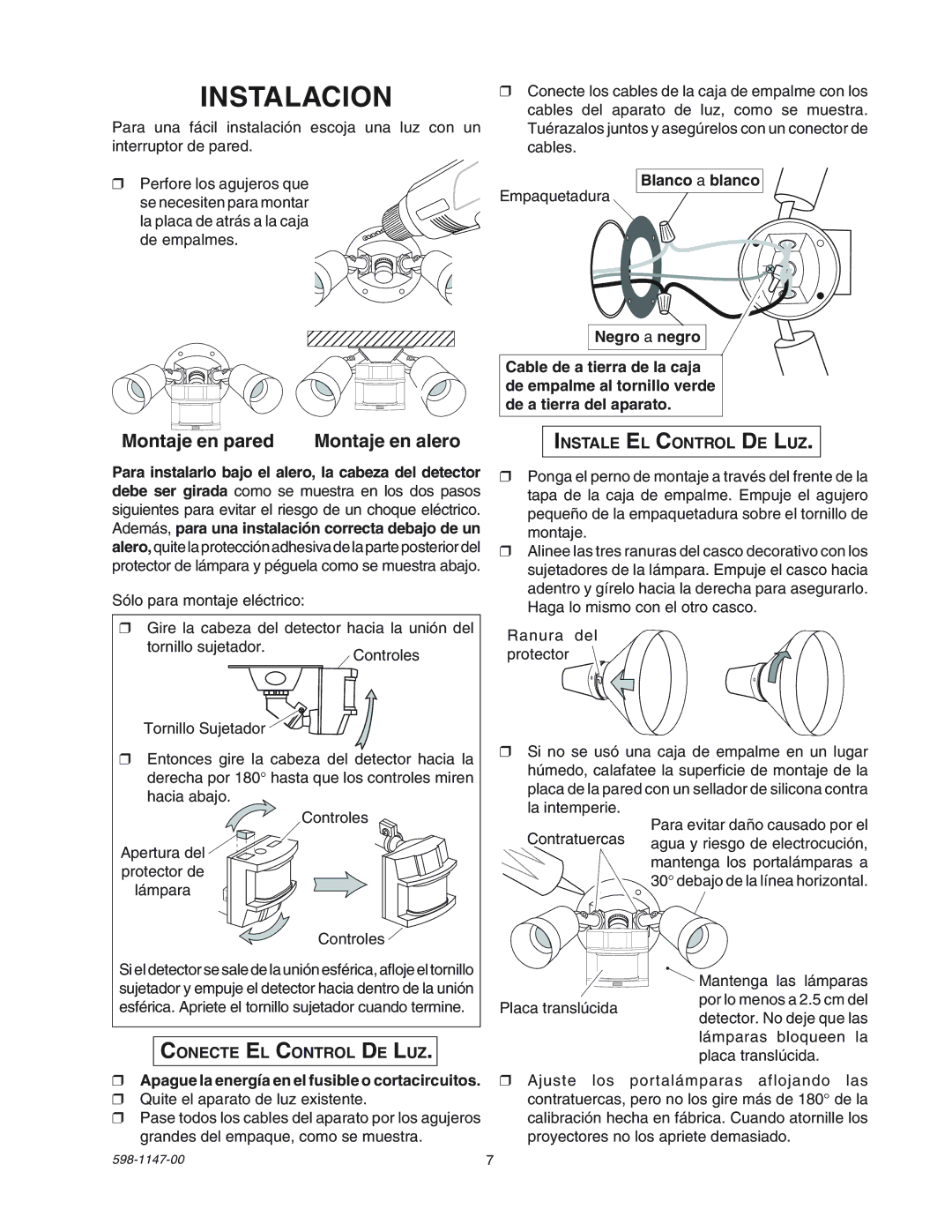 Heath Zenith SL-9526 manual Instalacion, Montaje en pared Montaje en alero, Blanco a blanco 