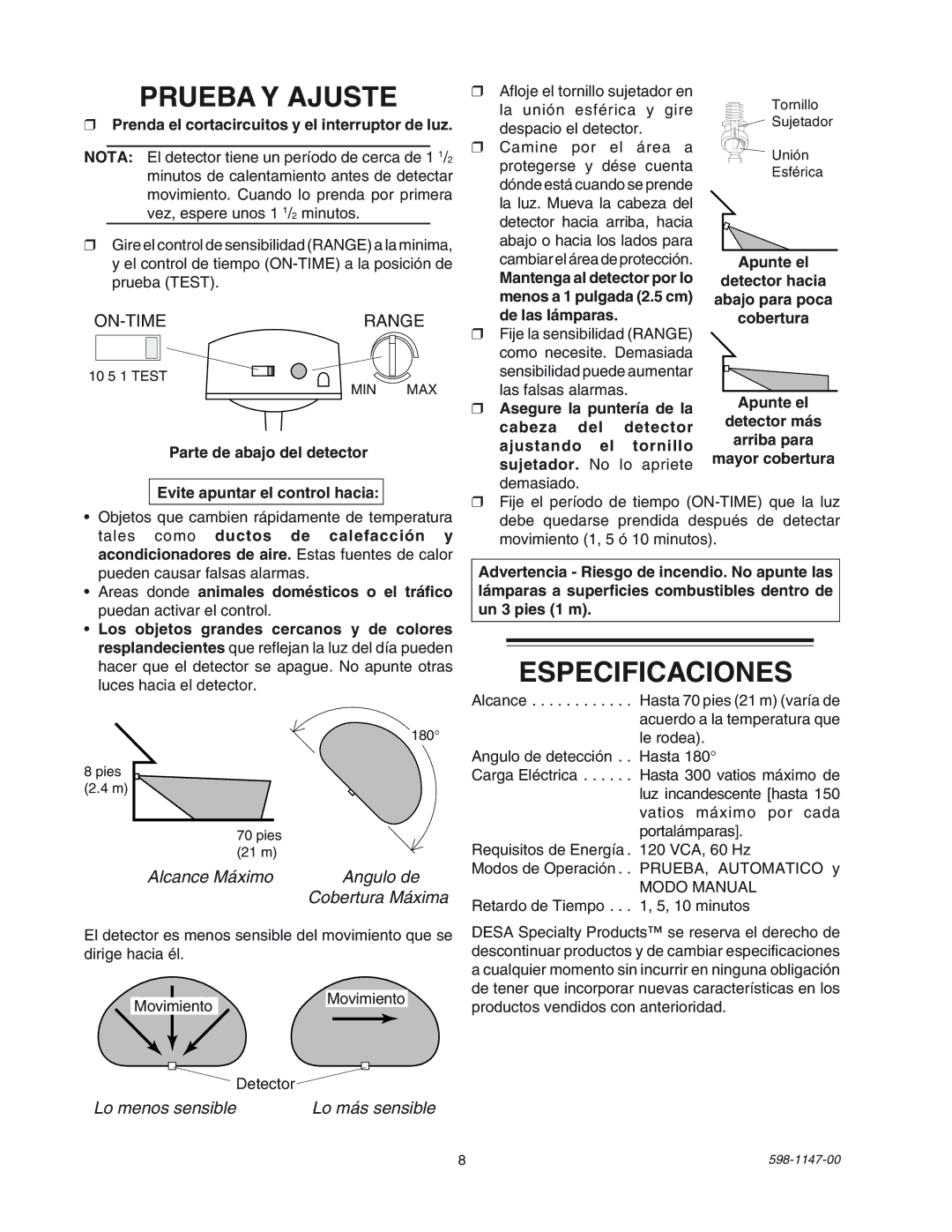 Heath Zenith SL-9526 manual Prueba Y Ajuste, Especificaciones, Prenda el cortacircuitos y el interruptor de luz 