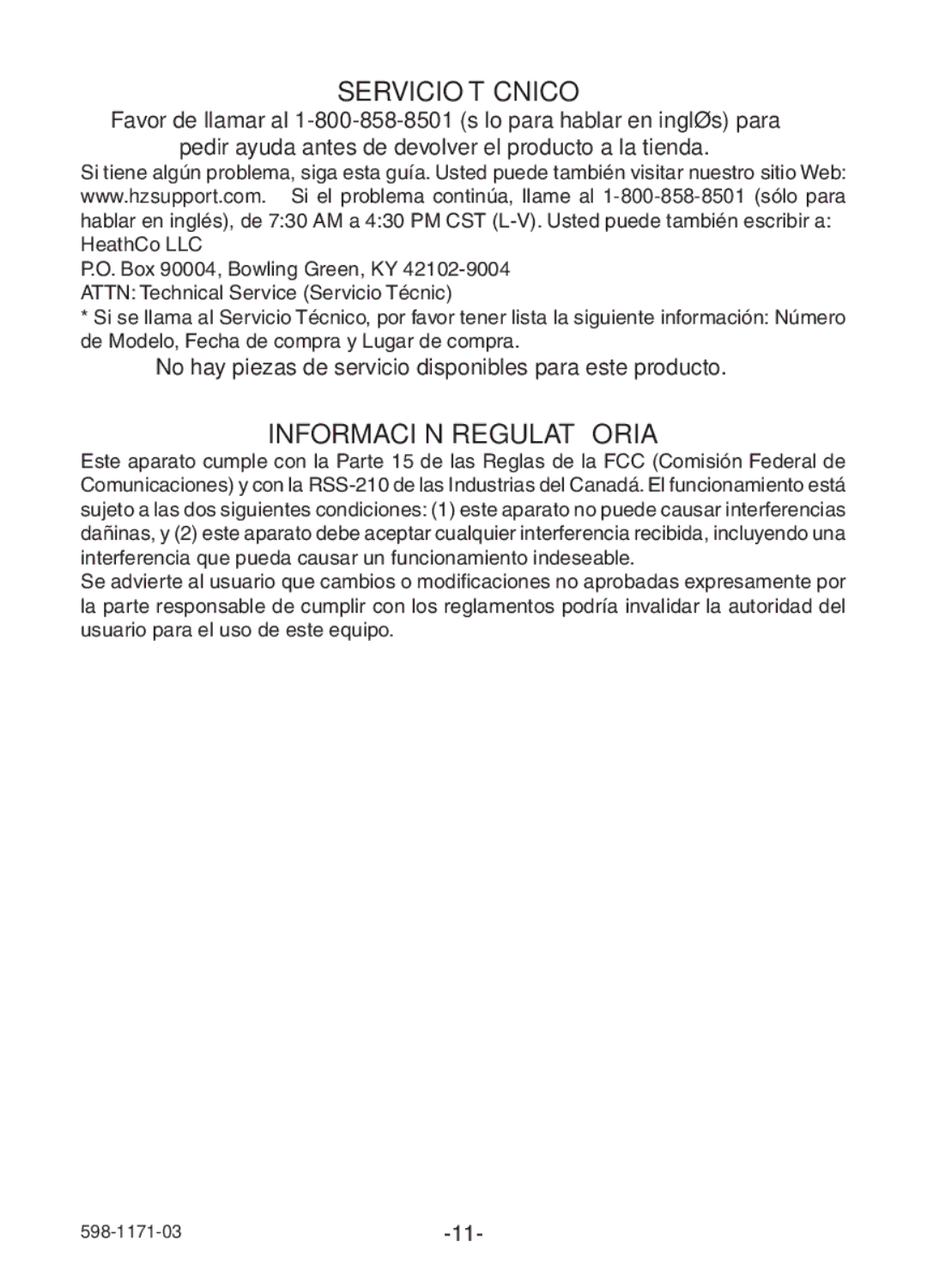 Heath Zenith TR-0095-RX manual Servicio Técnico, Información Regulatoria 