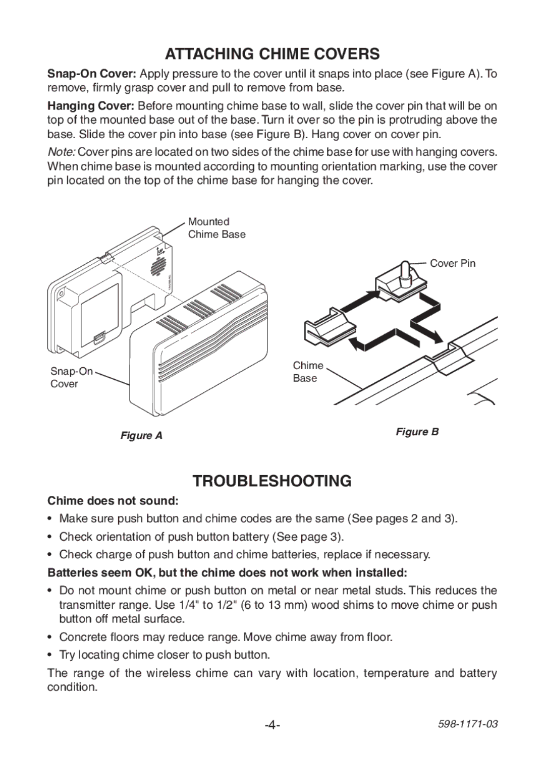 Heath Zenith TR-0095-RX manual Attaching Chime Covers, Troubleshooting, Chime does not sound 