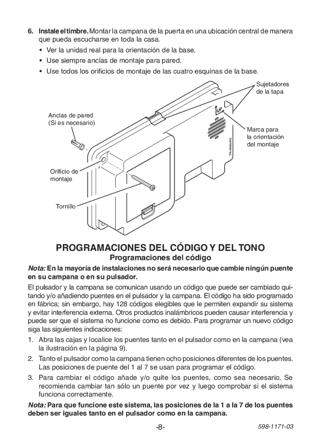 Heath Zenith TR-0095-RX manual Programaciones del código y del tono 