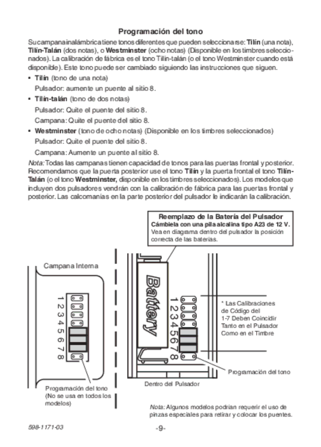 Heath Zenith TR-0095-RX manual Programación del tono, Reemplazo de la Batería del Pulsador 