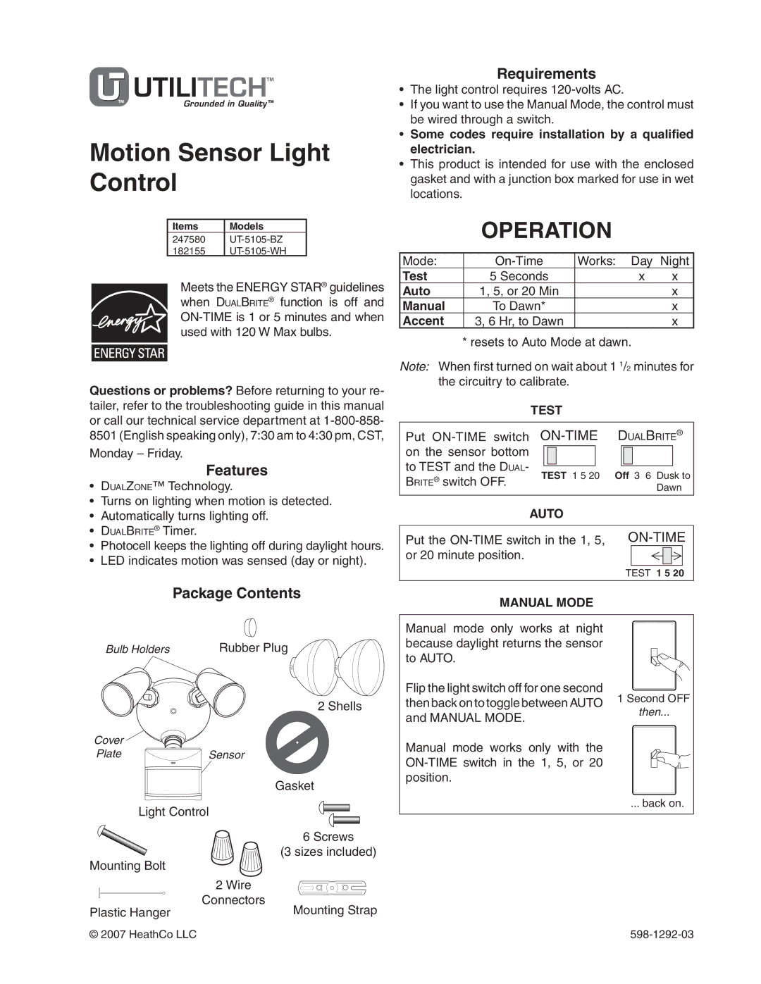 Heath Zenith UT-5105-WH, UT-5105-BZ package contents manual Operation, Features, Package Contents Requirements 