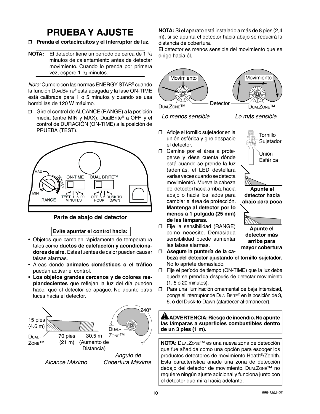 Heath Zenith UT-5105-BZ, UT-5105-WH package contents manual Prueba Y Ajuste, Parte de abajo del detector 