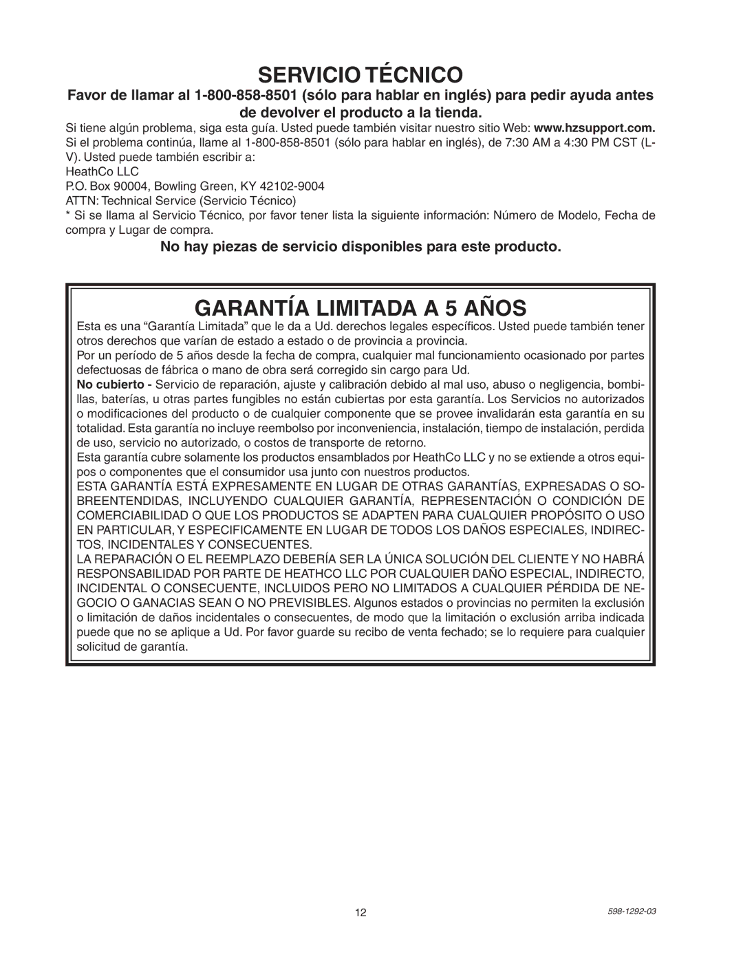 Heath Zenith UT-5105-BZ, UT-5105-WH package contents manual Servicio Técnico, Garantía Limitada a 5 Años 