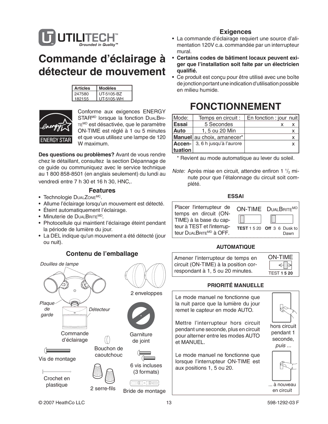 Heath Zenith UT-5105-WH, UT-5105-BZ package contents manual Fonctionnement, Contenu de l’emballage, Exigences 