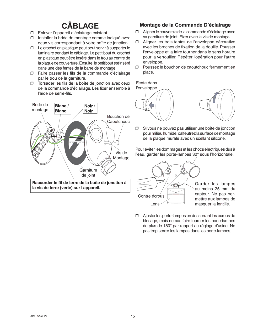 Heath Zenith UT-5105-WH, UT-5105-BZ package contents manual Câblage, Montage de la Commande D’éclairage, Blanc Noir 