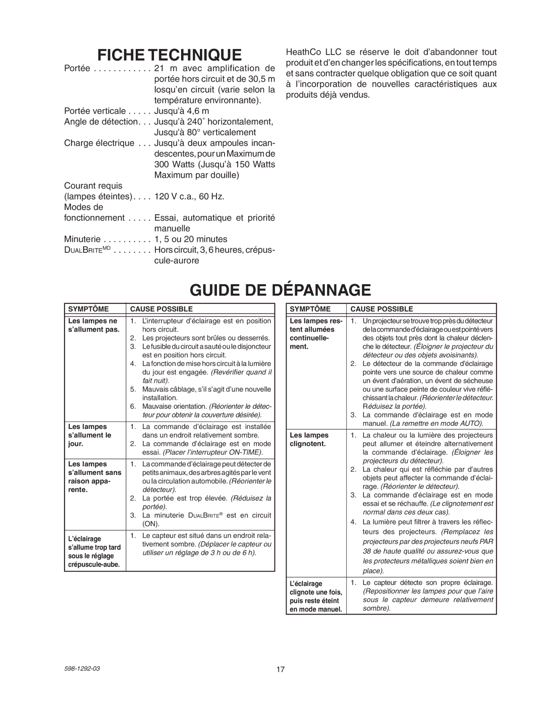 Heath Zenith UT-5105-WH, UT-5105-BZ package contents manual Fiche Technique, Guide DE Dépannage 