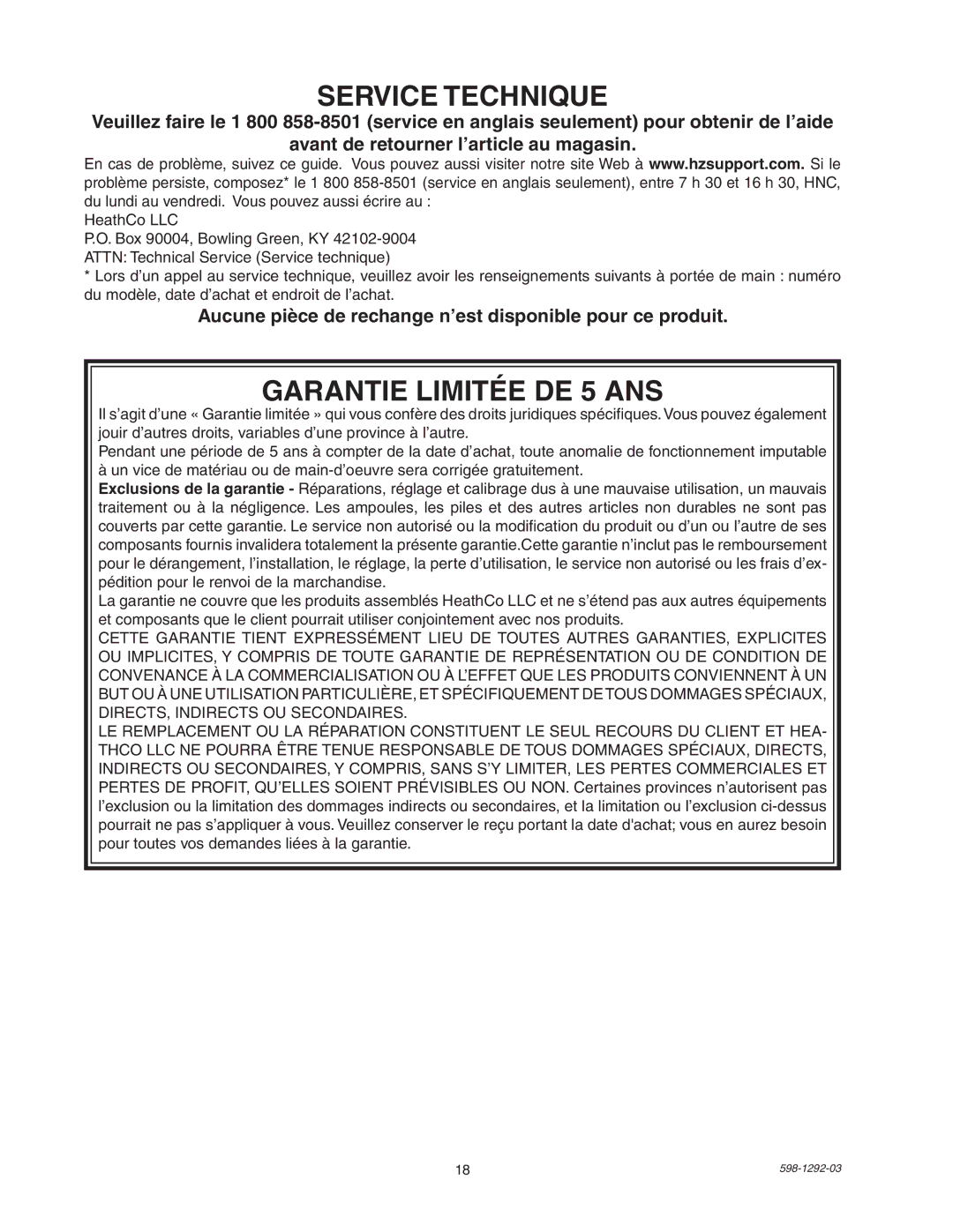 Heath Zenith UT-5105-BZ, UT-5105-WH package contents manual Service Technique, Garantie Limitée DE 5 ANS 