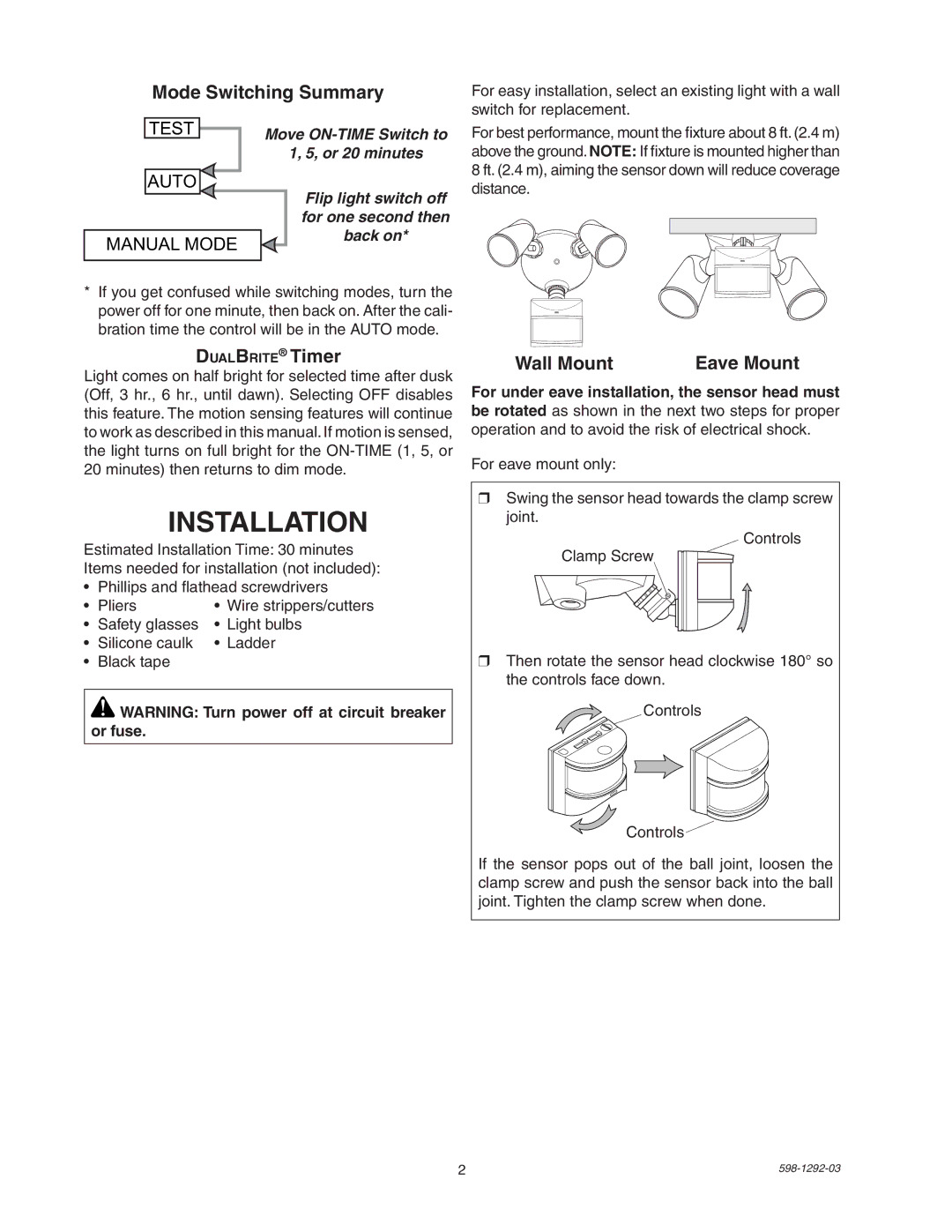 Heath Zenith UT-5105-BZ, UT-5105-WH Installation, Mode Switching Summary, DualBrite Timer, Wall Mount, Eave Mount 