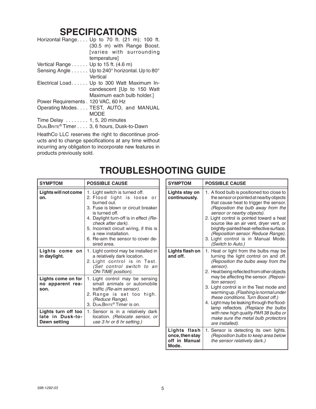 Heath Zenith UT-5105-WH, UT-5105-BZ package contents manual Specifications, Troubleshooting Guide 